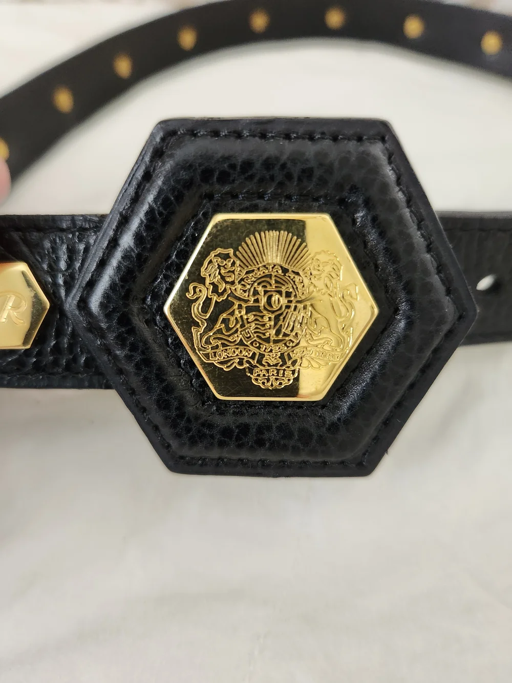 Vintage Revillon Paris Black Calf Leather Studded Belt Gold Crest Hexagon Buckle